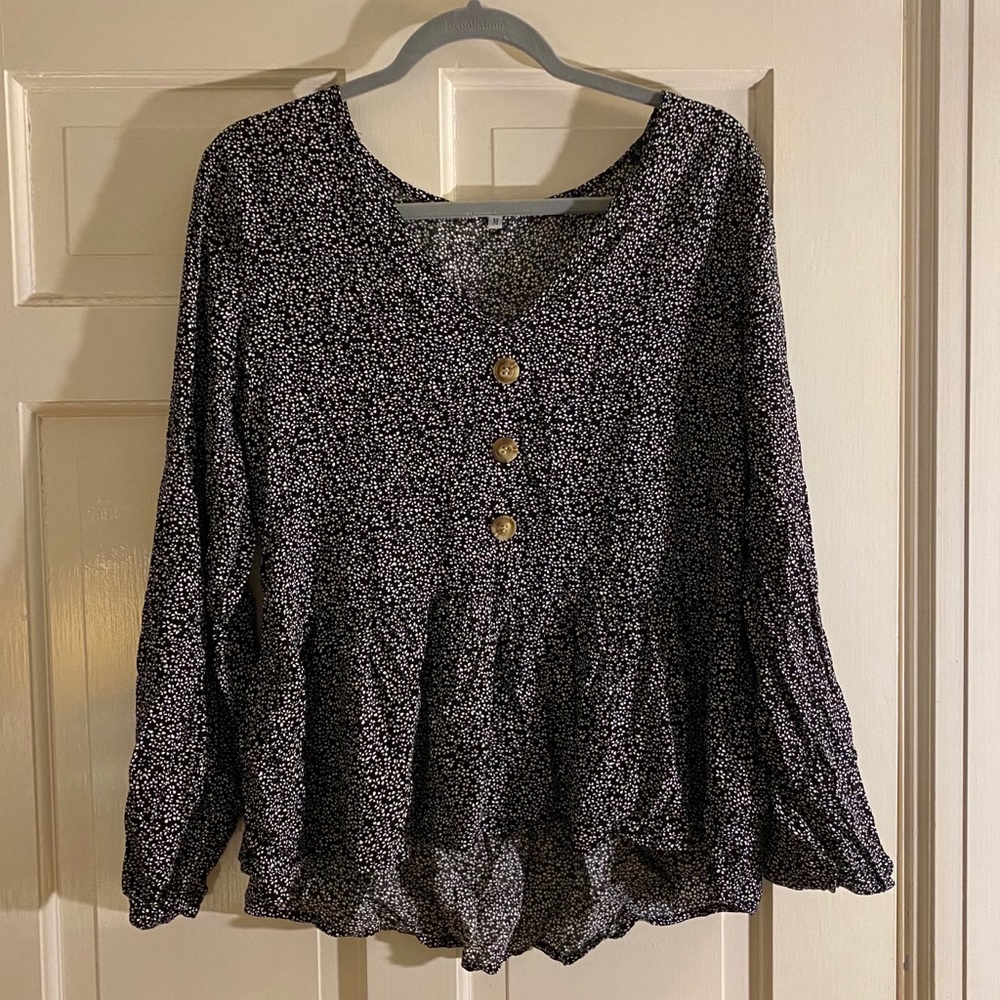 black and white blouse with wooden buttons